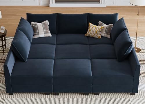 HONBAY Sectional Sleeper Sofa Velvet Sectional Sleeper Couch with Storage Modular Sleeper Sectional Sofa Couch for Living Room,Dark Blue