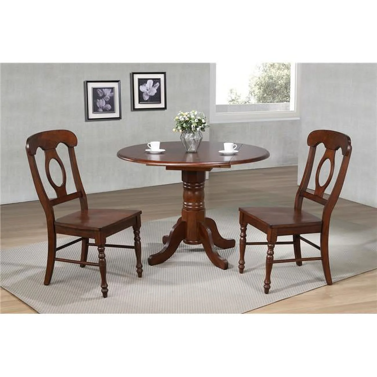42 in. Round Drop Leaf Dining Set in Chestnut with Napoleon Chairs 3 Piece