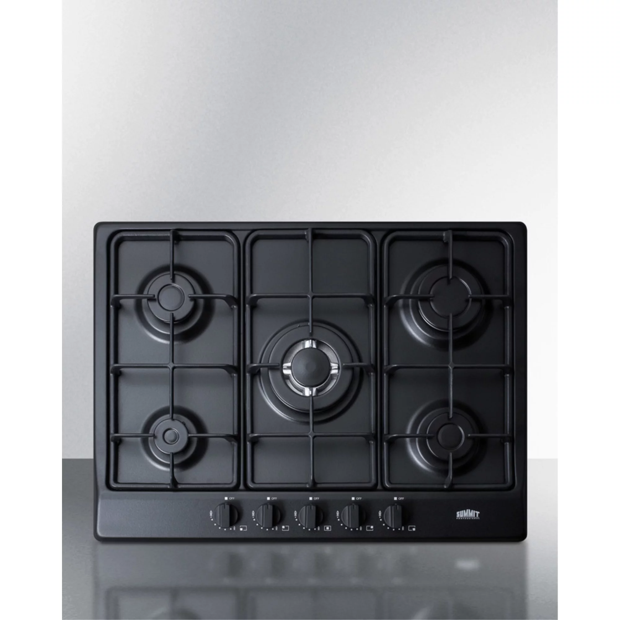 5-burner gas cooktop made in Italy in a black matte finish with sealed burners, cast iron grates, and wok stand; fits standard 24
