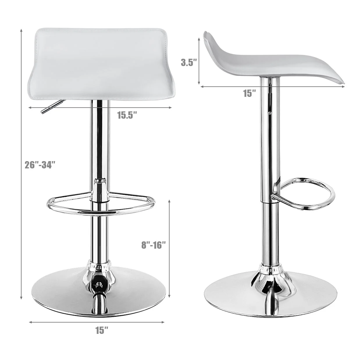 Costway Set of 2 Swivel Bar Stools Adjustable PU Leather Backless Dining Chair White Low Back