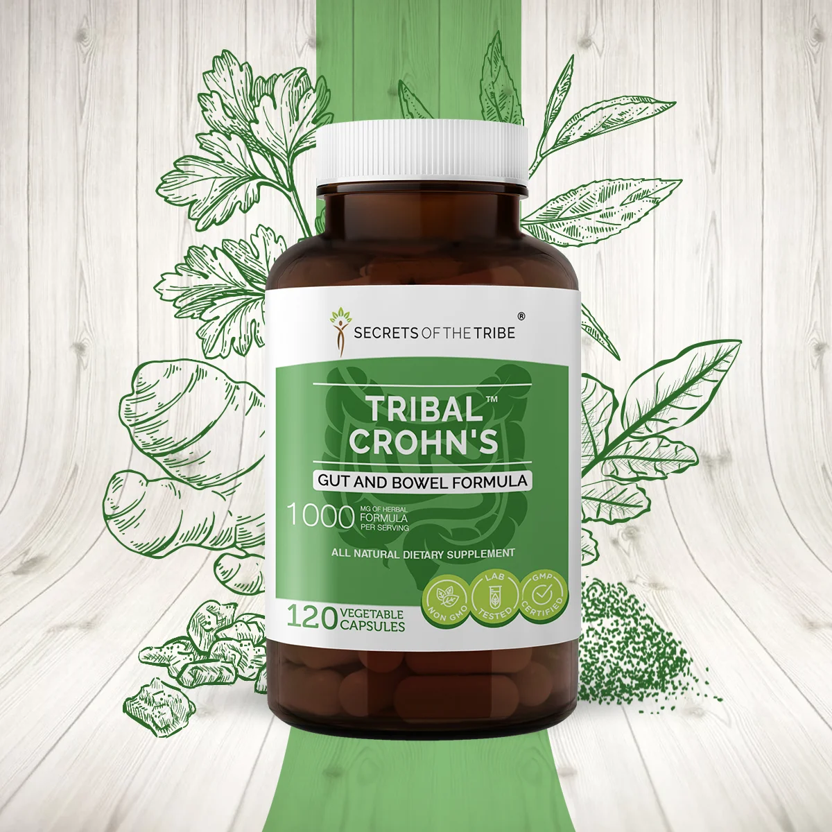 Tribal Crohn's 120 Capsules, 500 mg, Slippery Elm, Parsley, Marshmallow, Turmeric, Frankincense, Green Tea. Gut and Bowel Formula