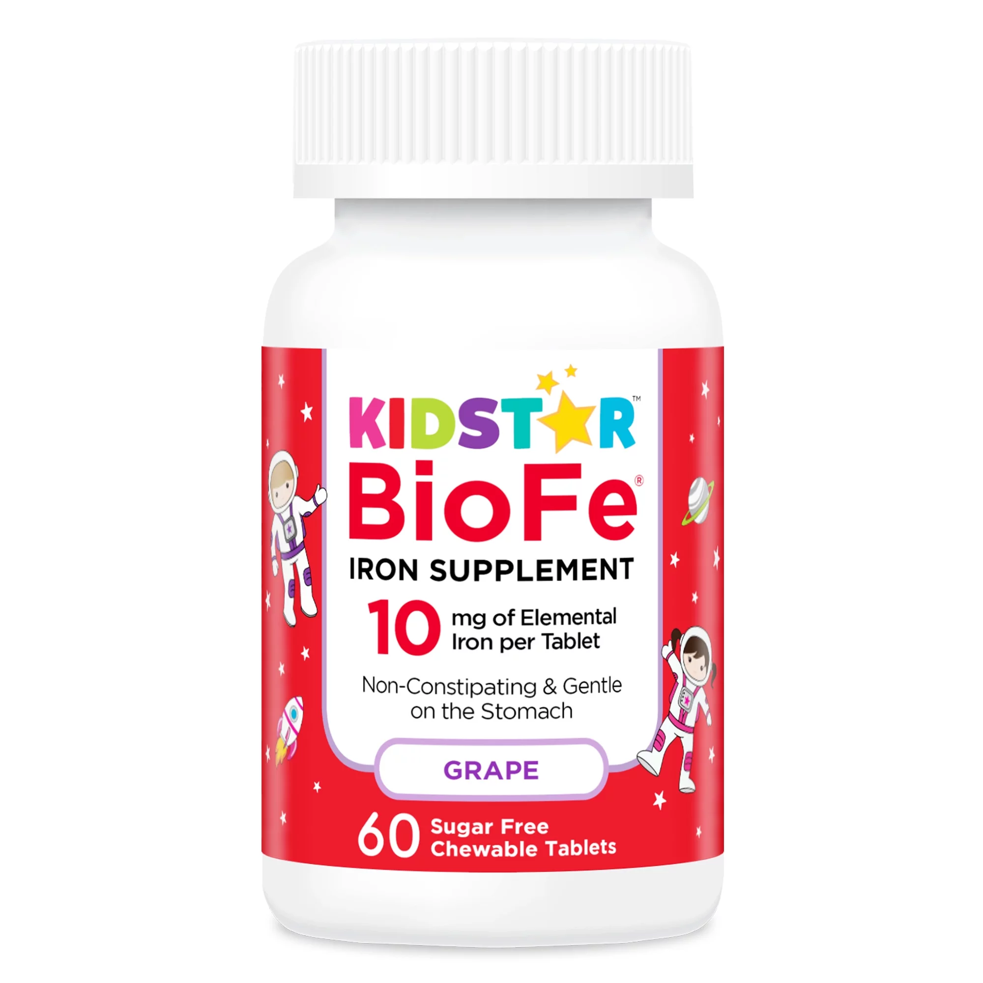KidStar Nutrients BioFe Pure Iron Chewable Tablets, 10 mg Elemental Iron, Natural Grape Flavor, 60 Tablets