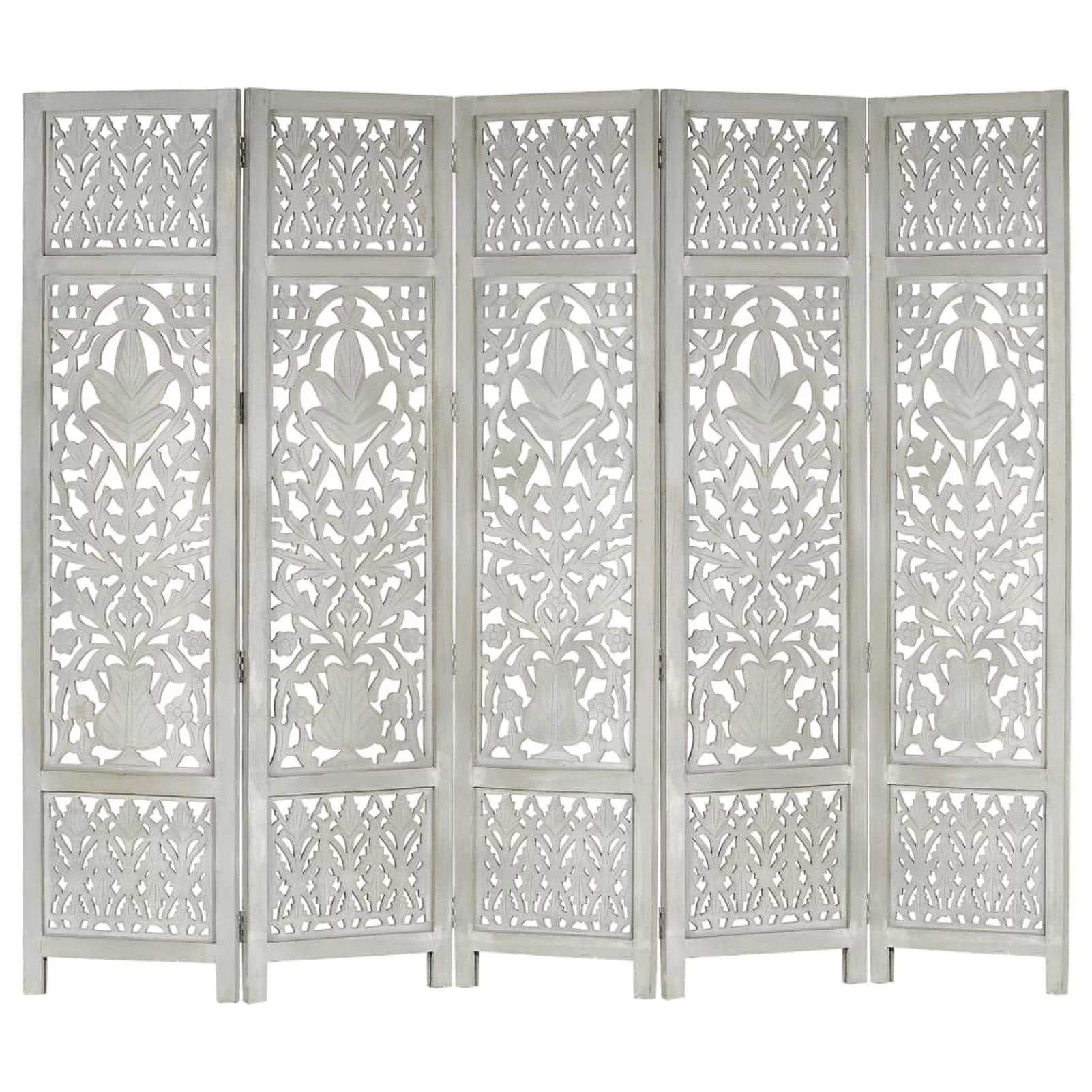 Dcenta Hand Carved 5-Panel Room Divider Wooden Room Partition Panel Mango Wood Folding Screen Gray for Bedroom, Bathroom, Living Room, Kitchen, Home Furniture 78.7in x 65in (W x H)