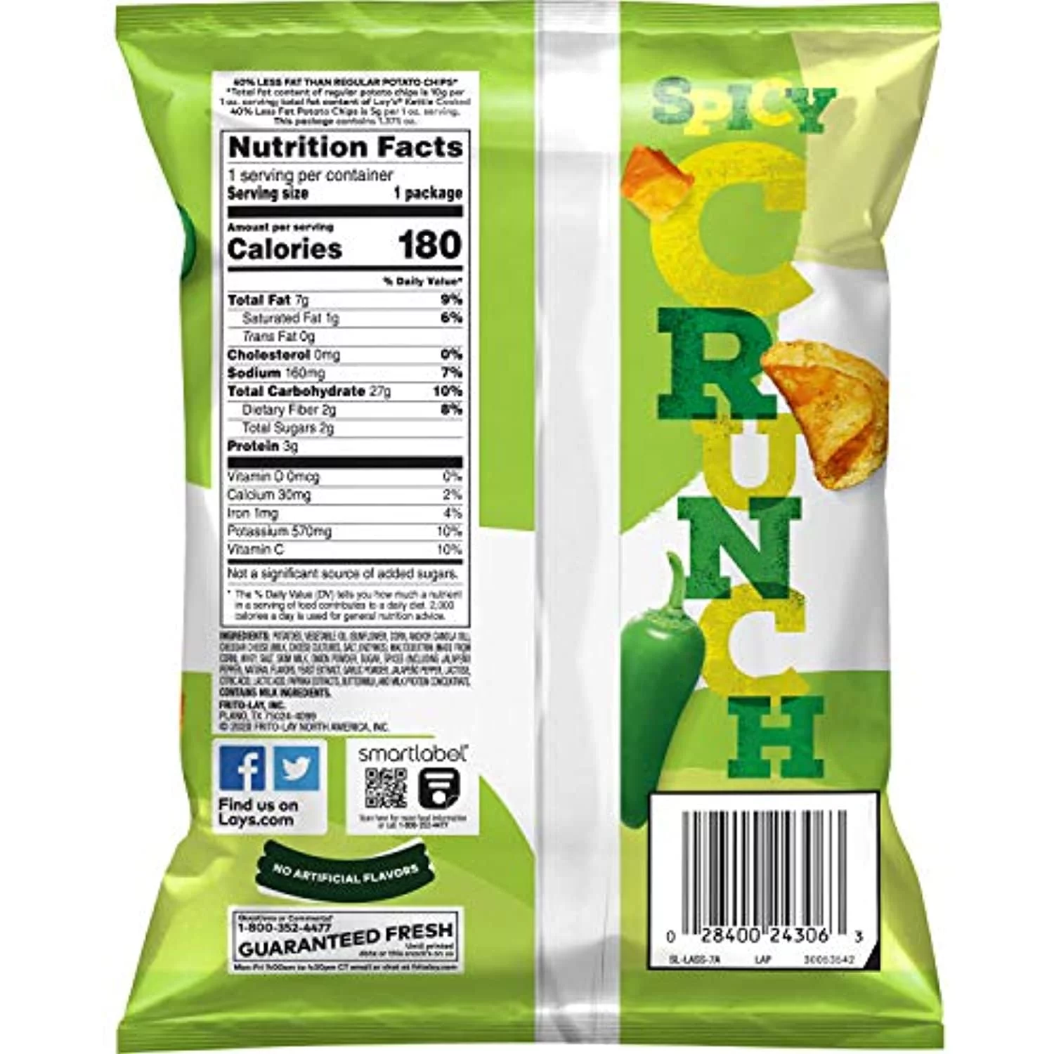 Lays Kettle Cooked 40% Less Fat Jalapeo Cheddar Flavored Potato Chips, 1.375 Ounce (Pack Of 64)