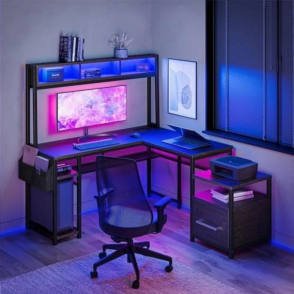 RUNFAYBIU Computer Desk with Monitor Stand and File Cabinet  104" Long Gaming Desk with RGB LED Lights and USB AC Outlet  Reversible L-Shaped Desk for Home Office (Eclipse - Brown)