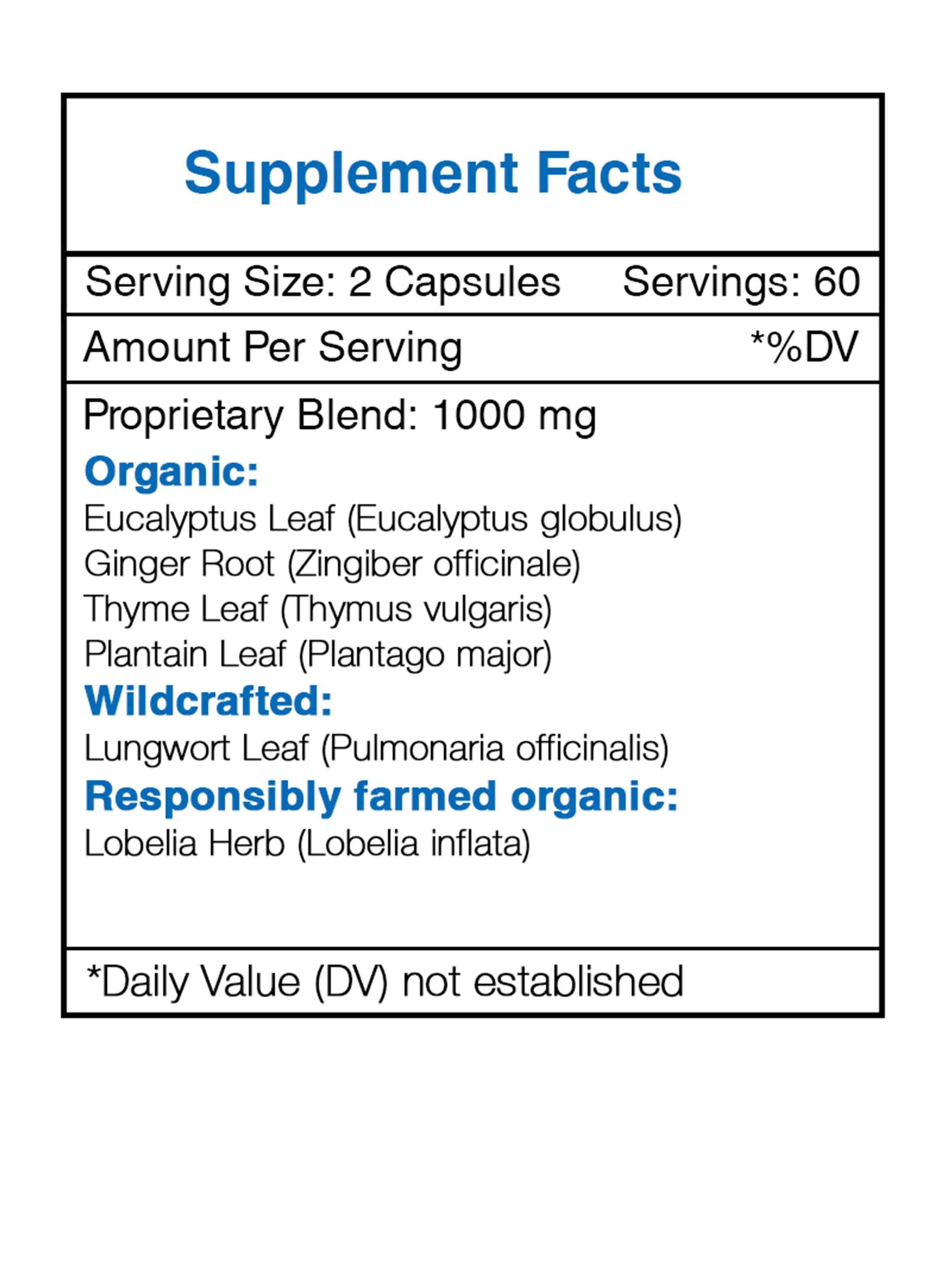 Respiratory 120 Capsules, 500 mg, Eucalyptus, Ginger, Lungwort, Lobelia, Thyme, Plantain. Respiratory Health Formula