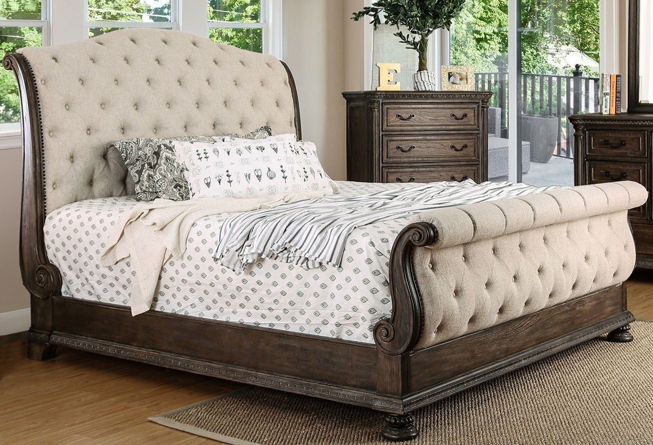 Luxury Stylish Traditional Intricate Wood Carving Rustric Natural Tone Finish Queen Size Sleigh Bed Dresser Mirror Nightstand 4pc Set Tufted Fabric HB FB