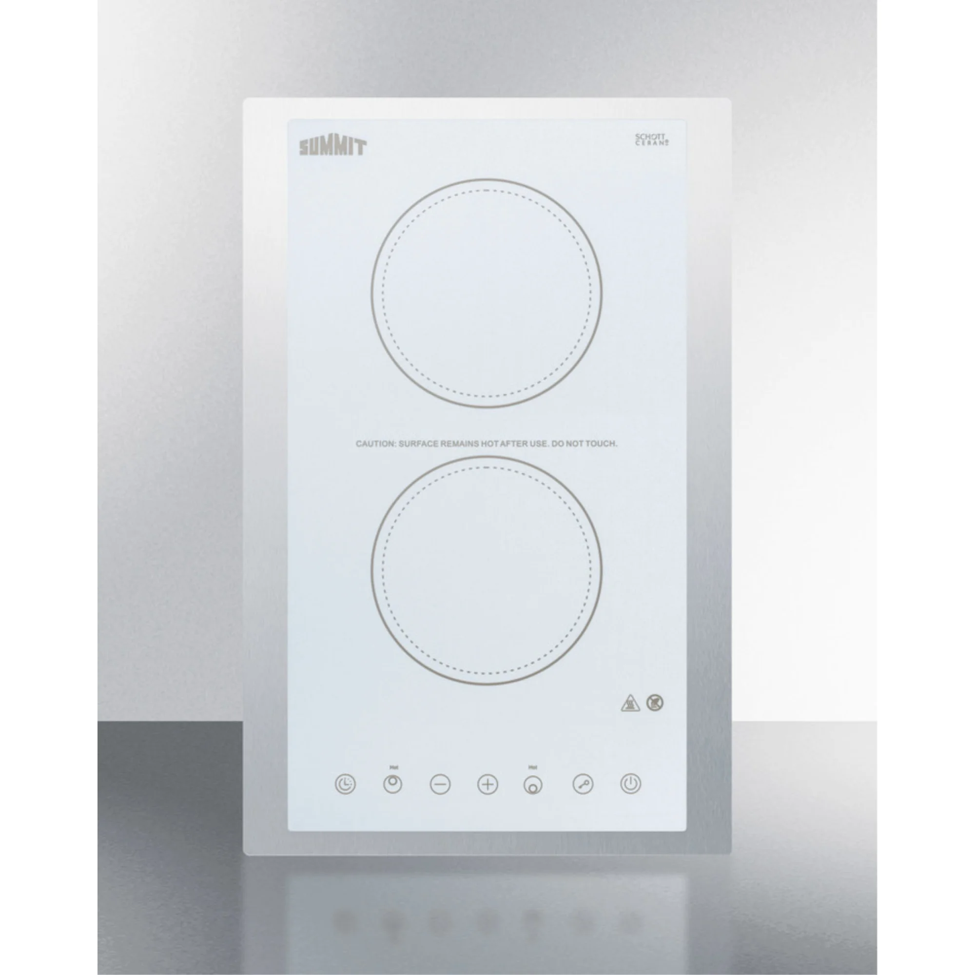 115V 2-burner cooktop in white ceramic Schott glass with digital touch controls and stainless steel frame to allow installation in 15