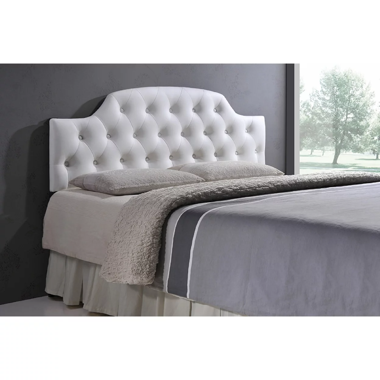 Baxton Studio Morris Modern and Contemporary Queen Size White Faux Leather Upholstered Button-tufted Scalloped