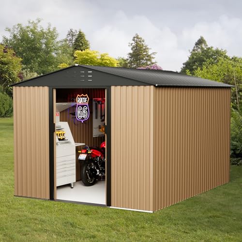 Metal Garden Shed, Outdoor Storage Shed, 10FT x 8FT Sheds & Outdoor Storage, Metal Utility Tool Storage Shed with Door Lock, Waterproof Roofs, for Backyard Garden Patio Lawn, Brown