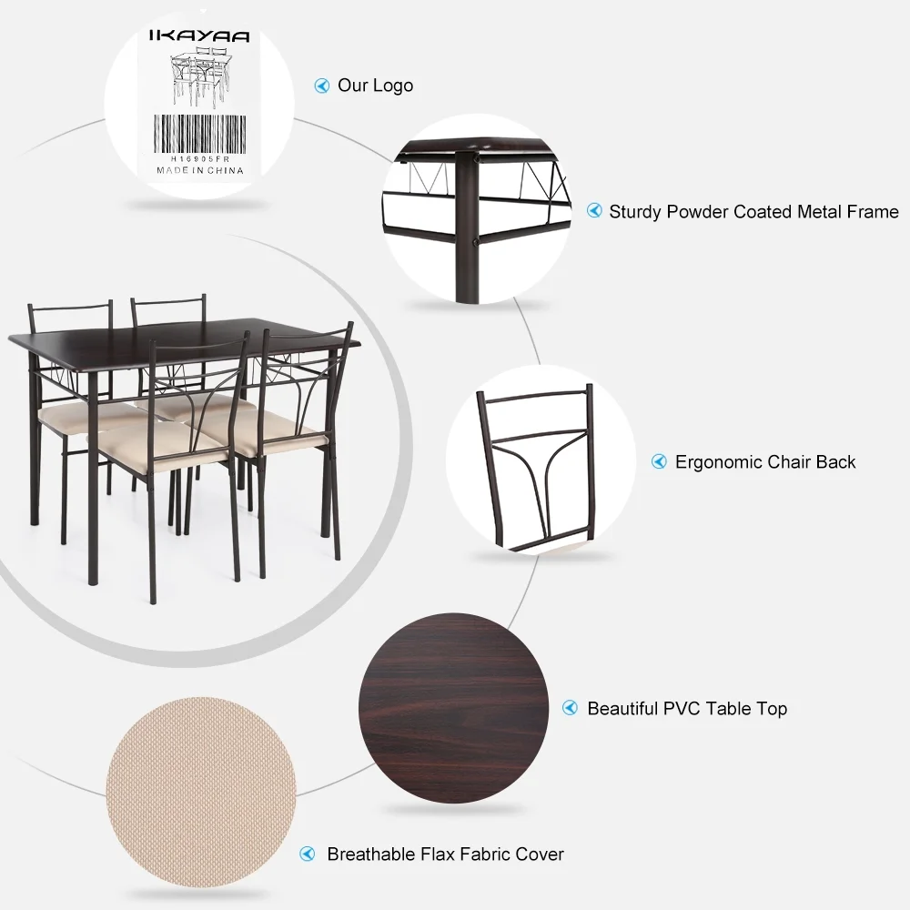 iKayaa Modern Metal Frame Dining Kitchen Table Chairs Set for Kitchen, Homes, Gardens (Black)