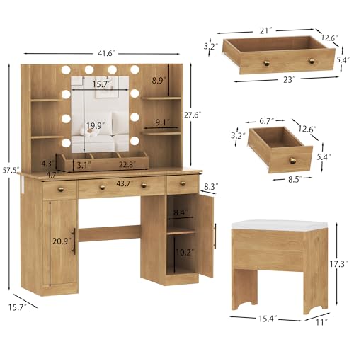 Vanity Desk with Mirror and Lights, Makeup Vanity with Charging Station & Vanity Stool, 3 Drawers and Cabinets White Vanity Mirror with RGB LED Lights Vanity Desk and Chair for Women