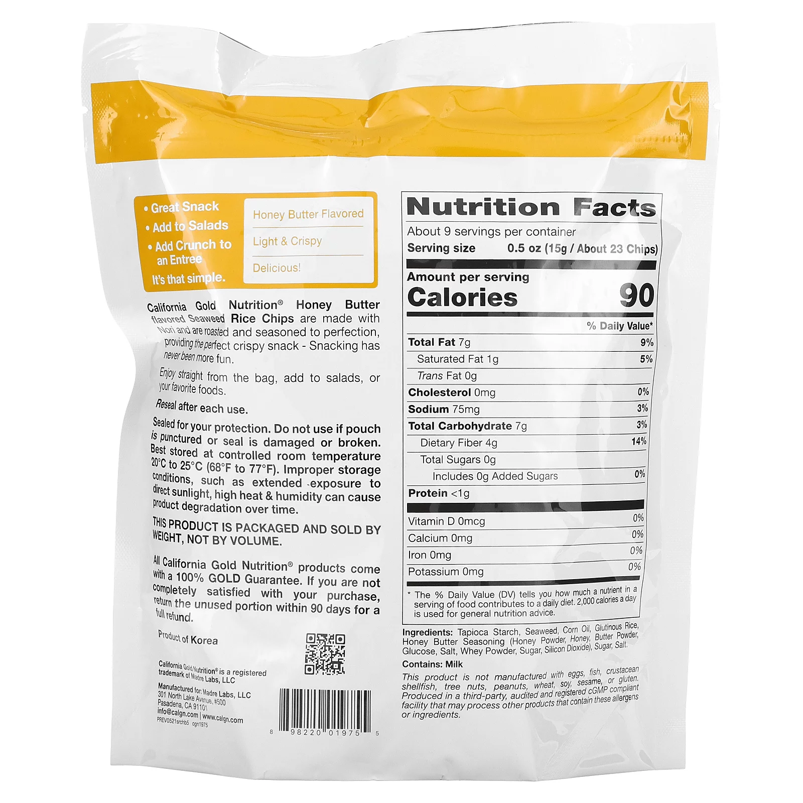 California Gold Nutrition, Seaweed Rice Chips, Honey Butter, 5 oz Pack of 3