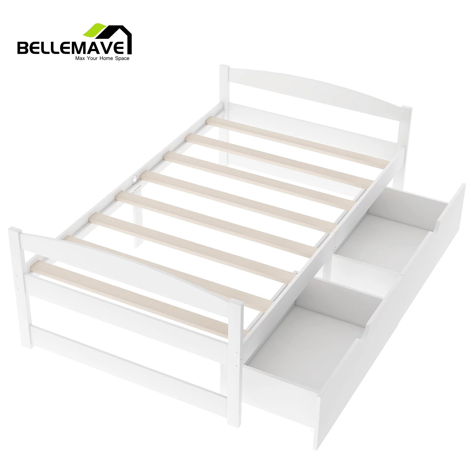 Bellemave White Twin Size Platform Bed with 2 Drawers for Bedroom Living Room, Wood Frame Twin Size Platform Bed Daybed with Slats