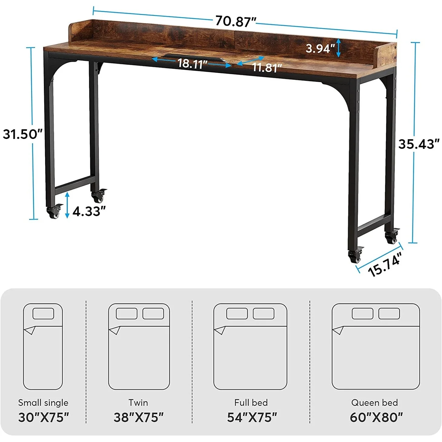 Overbed Table with Wheels, Mobile Computer Desk Standing Workstation Laptop Cart Brown+Tilt Stand Board