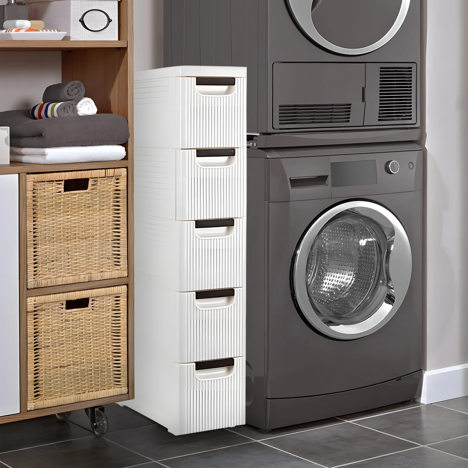 SYTHERS 5-Tier White Small Storage Cabinet with Drawers for Tidying Bathroom and Bedroom, PP, Mobile Shelving Unit Designed for Bathroom, Kitchen, Laundry and Narrow Spaces.