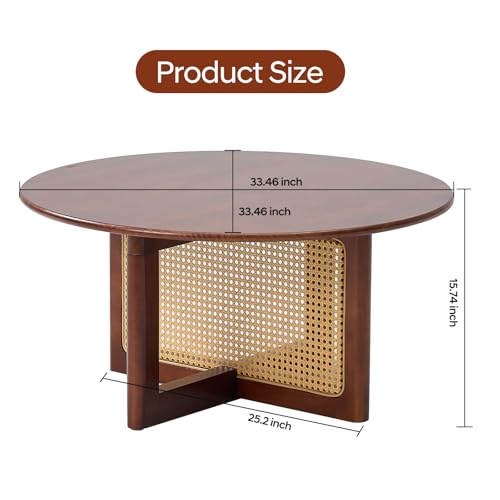 VSHRIV Rattan Coffee Table, 33 Inch Solid Wood Coffe Table with PE Rattan Stand, Center Modern Round Coffee Table for Living Rooms, Bedrooms, Office