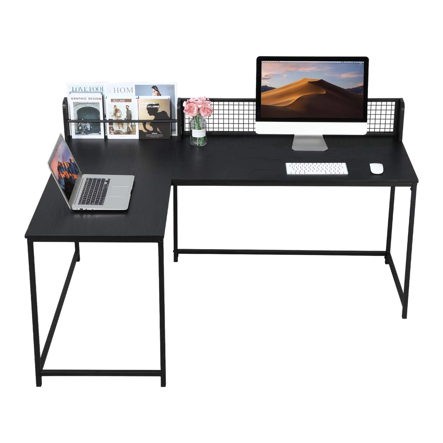 Homy Casa L Shaped Corner Desk Home Office Industrial Style Large Desktop Computer Gaming Desk, Black PC Workstations 65* 43.3 * 29.5-37.4IN