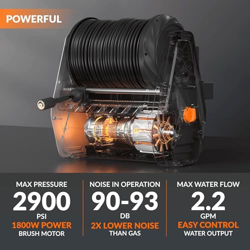 Giraffe Tools Grandfalls Pressure Washer G30B, Max 2900 PSI, 2.2 GPM, Electric Wall Mounted Pressure Washer with 100ft Black Pressure Hoses, Foam Cannon, 4-Nozzles for Car/Driveways, Dark Silver