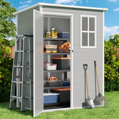 Gizoon 5x3 FT Resin Storage Shed Outdoor, Heavy-Duty Resin Shed with Floor for Patio, Lawn, Plastic Garden Sheds Weather-Resistant with Lockable Door for Patio Furniture, Garden Tools, Grey