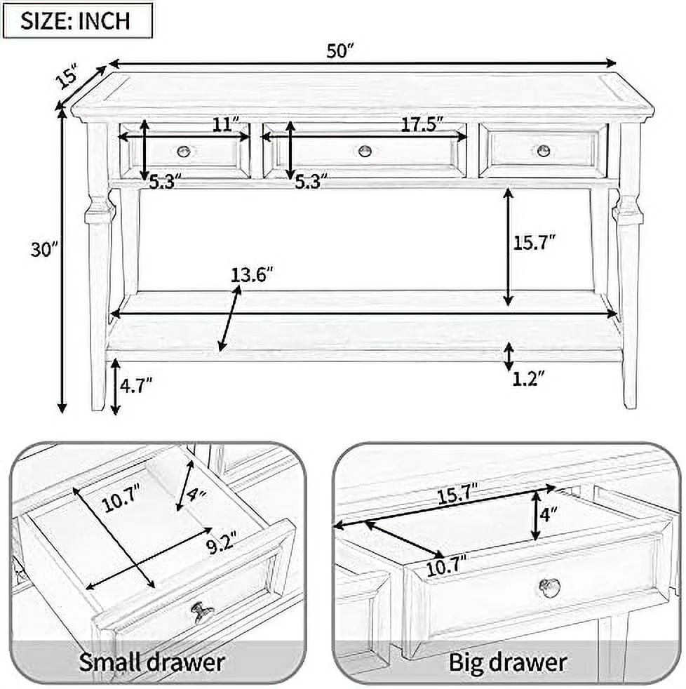 KHBIULIFE Small Entryway Console Table with 3 Drawers and Bottom   Farmhouse Entryway Table Sofa Table with Pine Wood Frame and Legs for Living Room (White Antique)