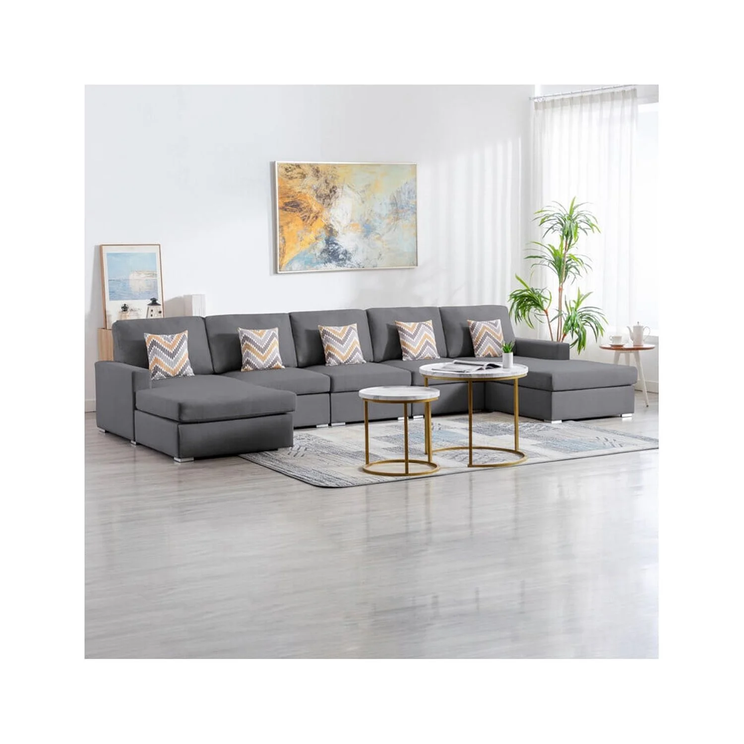 Homestock Global Glam Linen Fabric 5Pc Double Chaise Sectional Sofa with Pillows and Interchangeable Legs