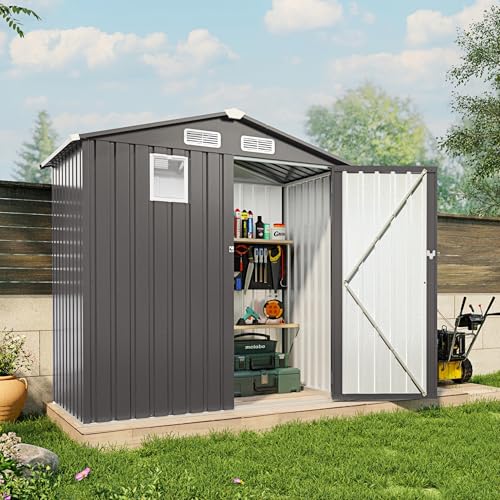 5x3x6FT Outdoor Storage Shed, Galvanized Steel Garden Shed with Lockable Door & Window, Waterproof Metal Tool Storage for Garden, Backyard, Patio, Lawn(Peak Roof)