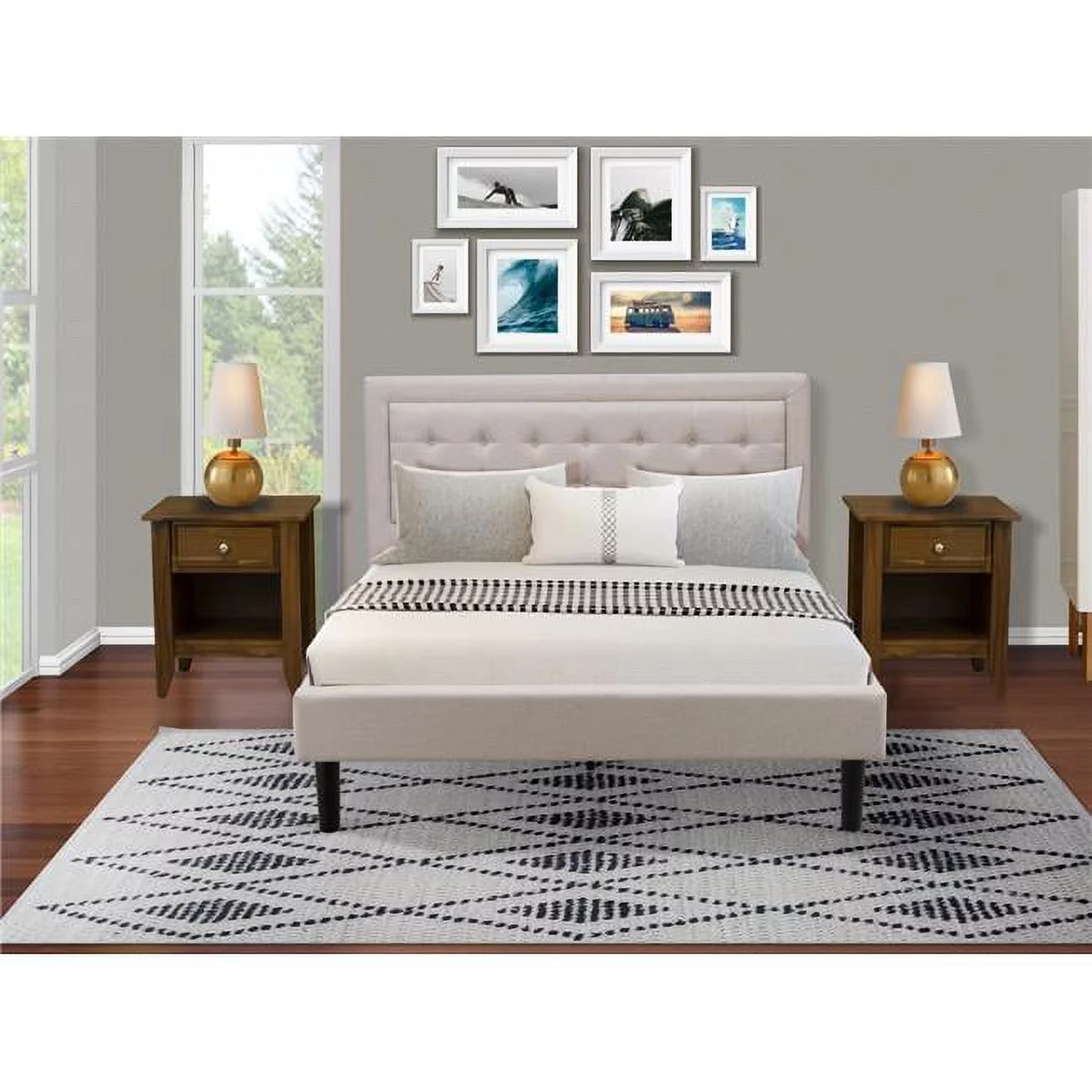 East West Furniture 3-piece Wood Queen Bedroom Set in Mist Beige/Antique Walnut