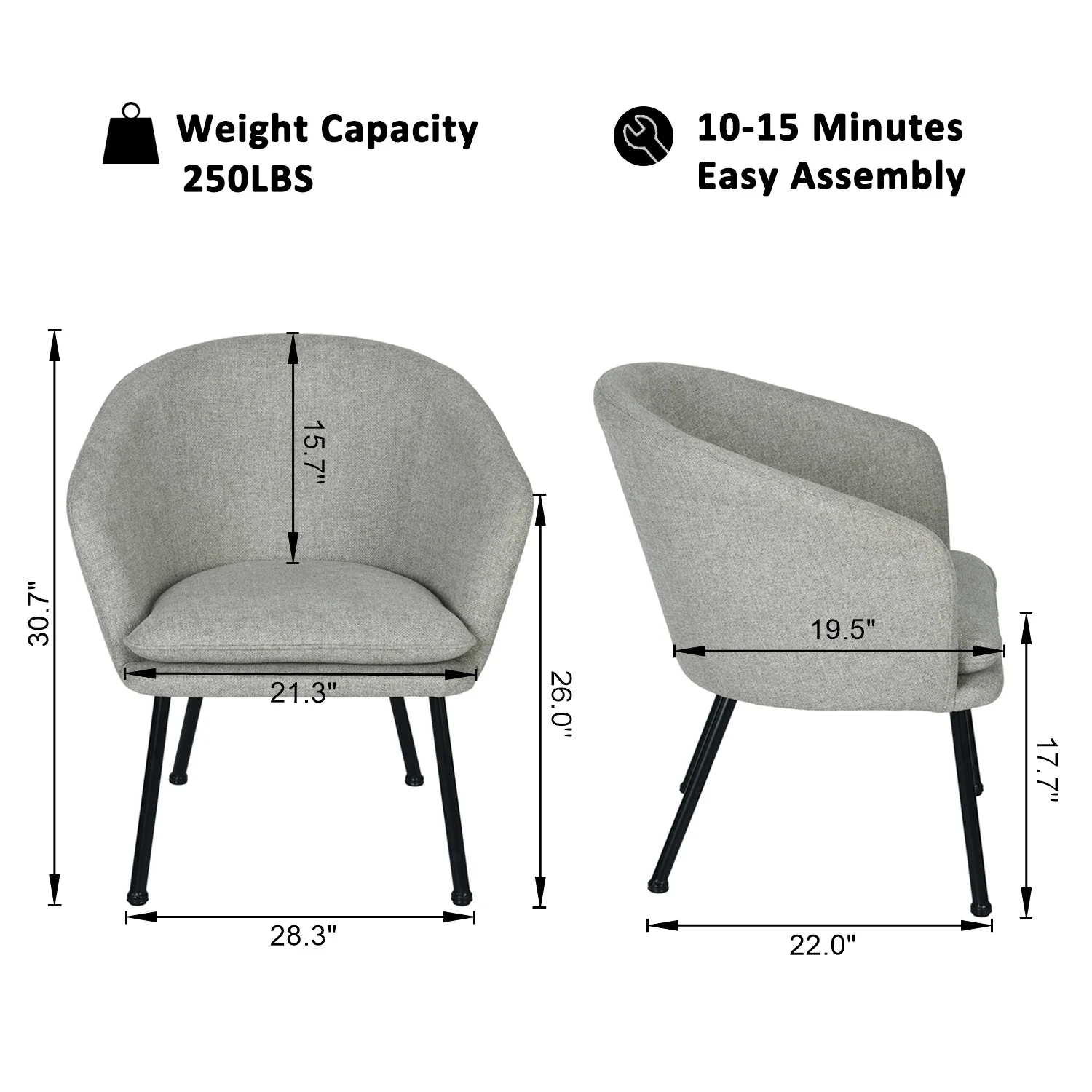 Homy Casa 22.8'' Accent Arm Chairs, Living Room Chairs, Mid-Century Modern Fabric Chairs, Arm Chairs, Wicker Grey