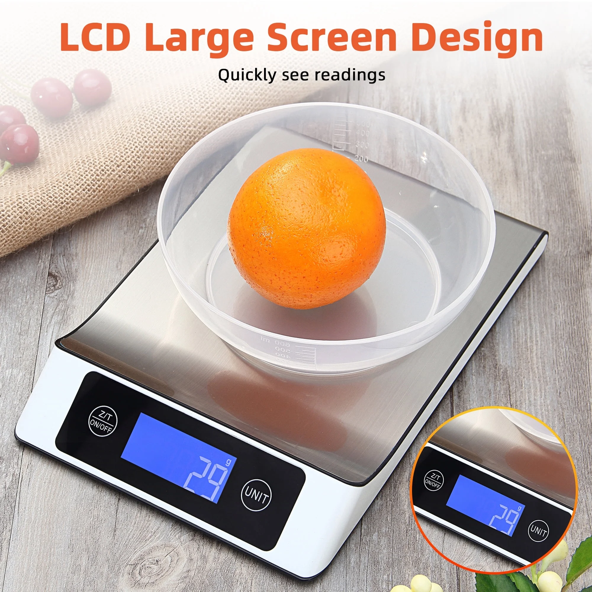 Food Scale, Kitchen Scale for Weight Loss, Baking, Cooking, Keto and Meal Prep, Coffee Scale, Digital Display in Grams, Ounces, Milliliters, and Pounds,Stainless Steel