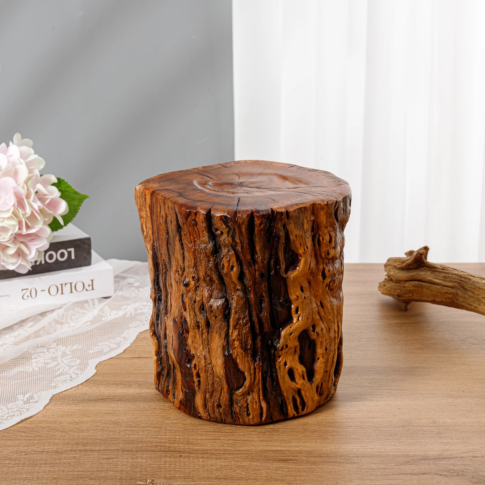THY COLLECTIBLES Natural Tree Trunk Stump Stool with Live Edge Solid Wood Plant Stand, Stool, Garden Bench, Side Table, End Table - D8.6 in x H9.5 in