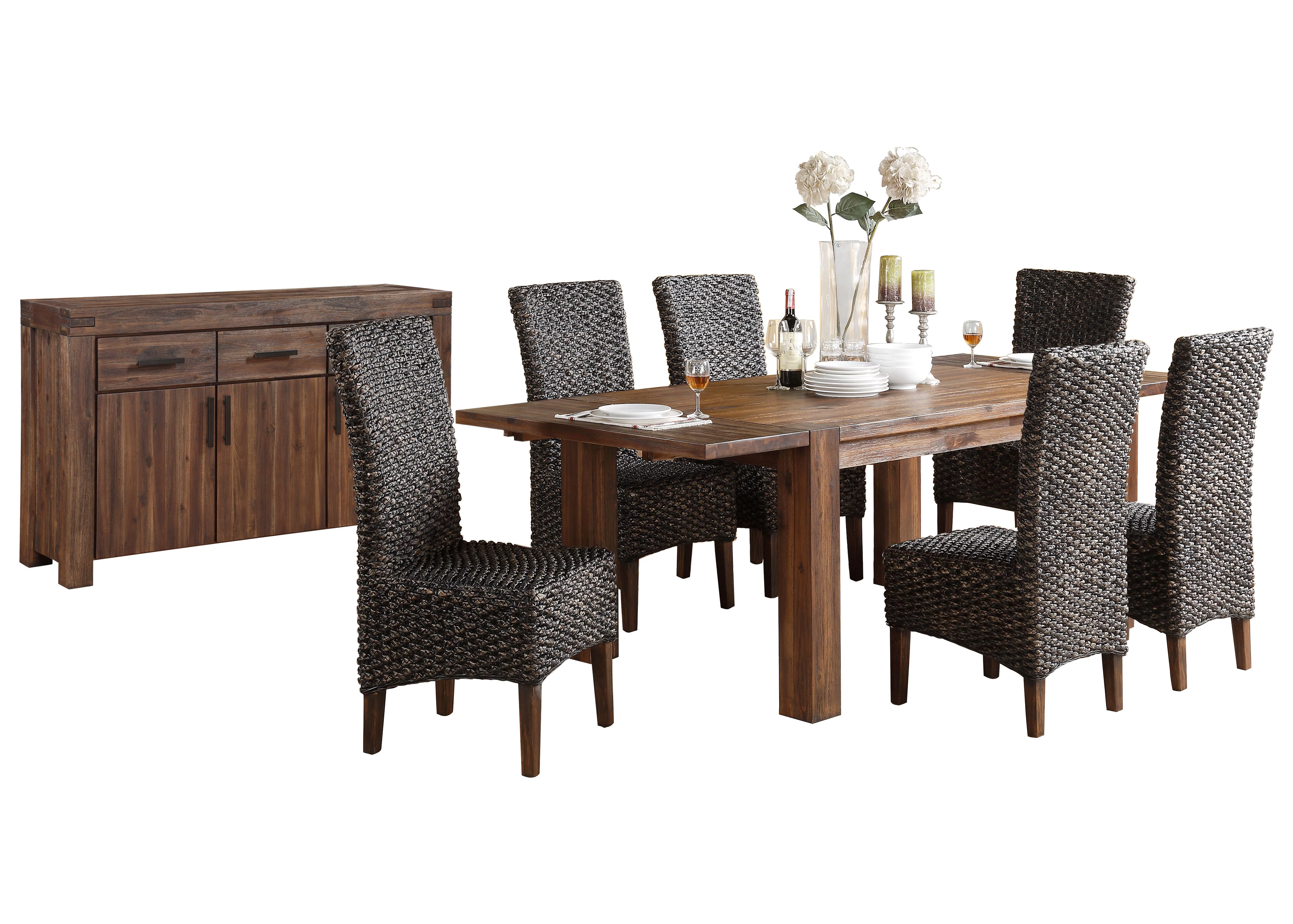 Millstone 8PC Rectangle Table, 6 Water Hyacinth Chair, Sideboard Dining Set in Acacia Rustic Brown