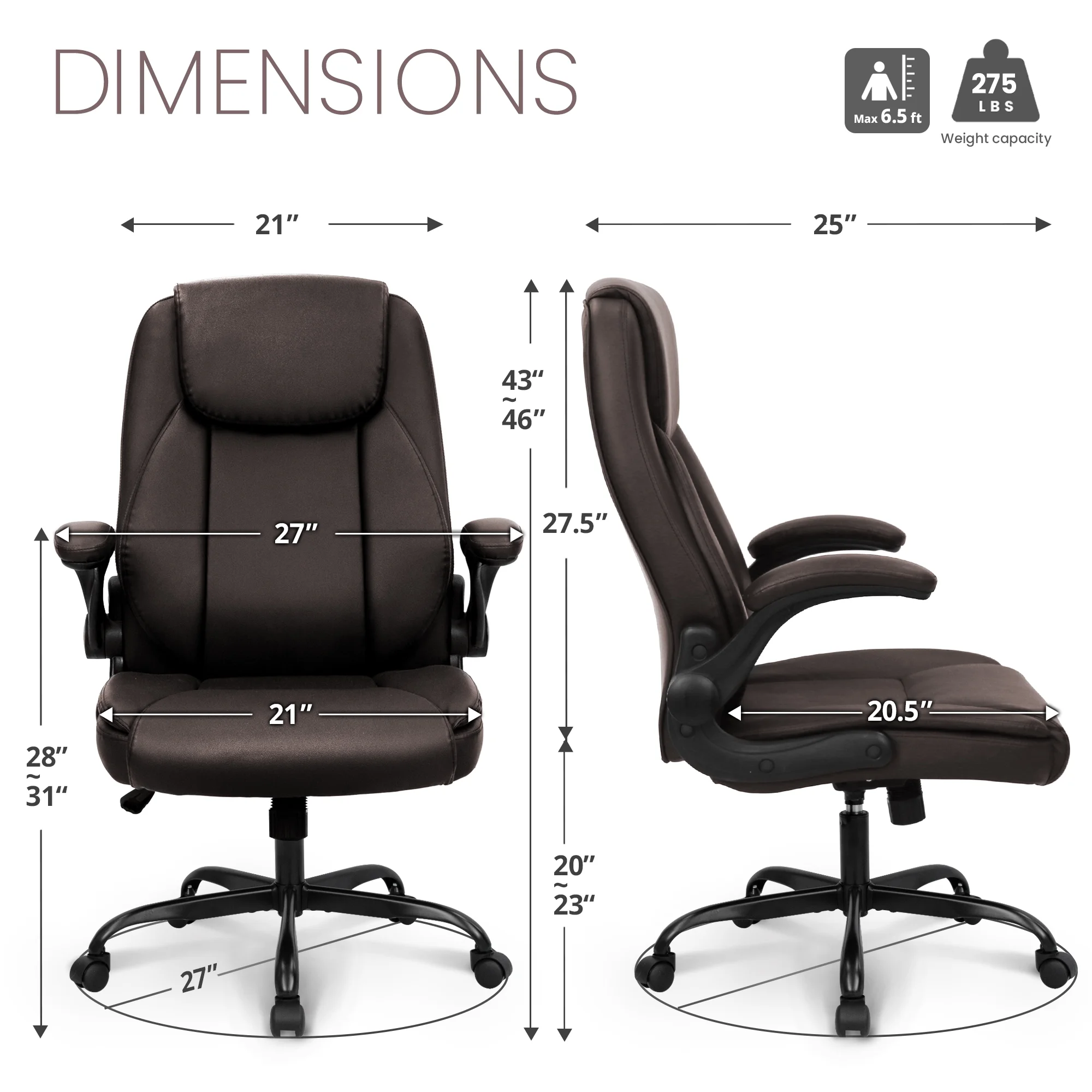NEO CHAIR Ergonomic PU Leather Executive Office Chair Cushioned Back Support Flip-up Armrest, Brown