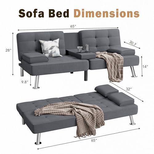 Shahoo Modern Linen Upholstered Convertible Folding Futon Sofa Bed with Removable Armrests, Metal Legs, 2 Cup Holders for Living Room, Black