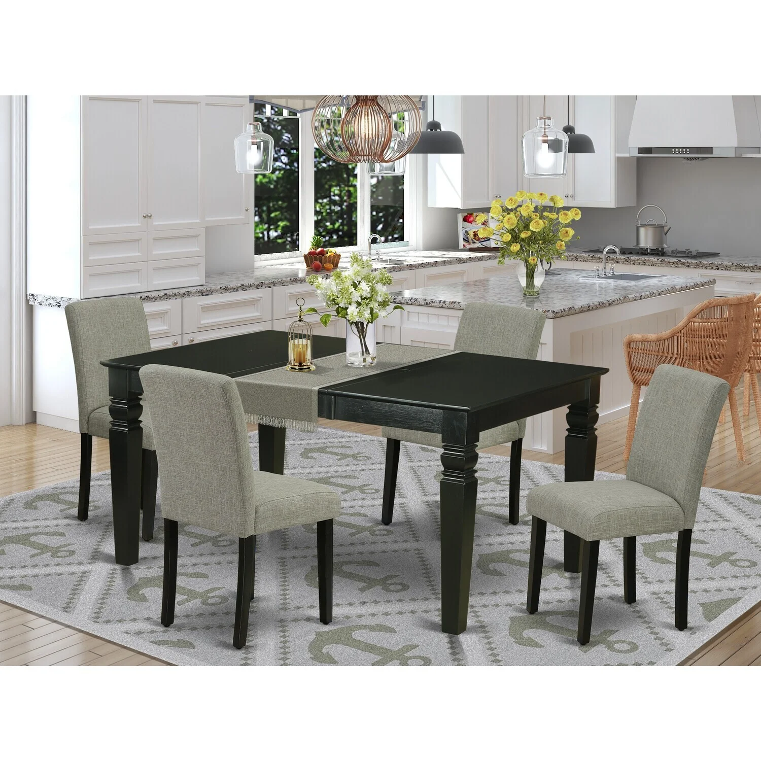 HomeStock Lakefront Luxury 5Pc Rectangle 42/60 Inch Kitchen Table With 18 In Self Storing Butterfly Leaf And Four Parson Chair With Black Leg And Linen Fabric Shitake
