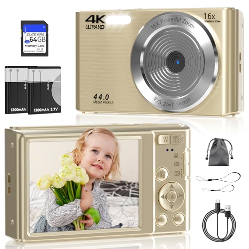 Digital Camera, FHD 4K Digital Camera with 64GB SD Card, 44MP Digital Point and Shoot Camera, 16X Digital Zoom, Anti Shake, 3-LED Fill Lights, Compact Camera for Kids Teen Boys Girls, Blue