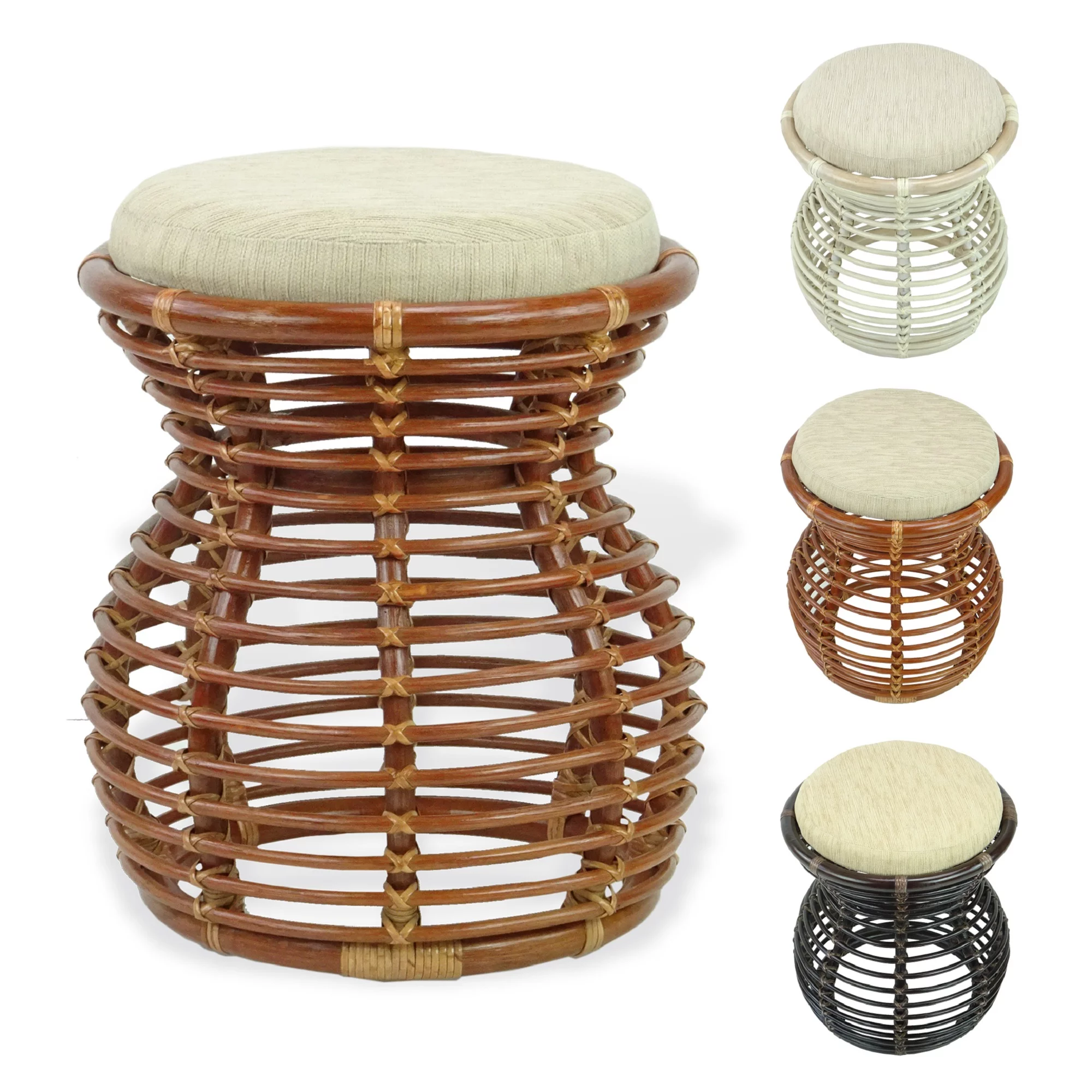Wickerix Milan Handmade Natural Rattan Wicker Ottoman Stool Vanity Bedroom Fully Assembled, Colonial Color