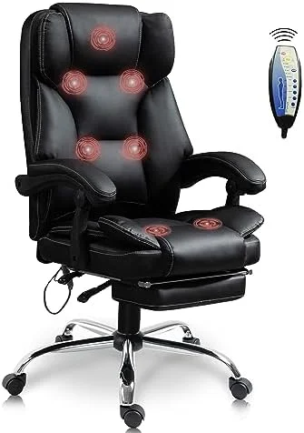 KHBIULIFE Reclining Office Chair with Footrest-Executive Computer Desk Chairs with Adjustable High Back Recliner Chair  Thick Padded Strong Metal Base Quiet Wheels  PU Leather  Black