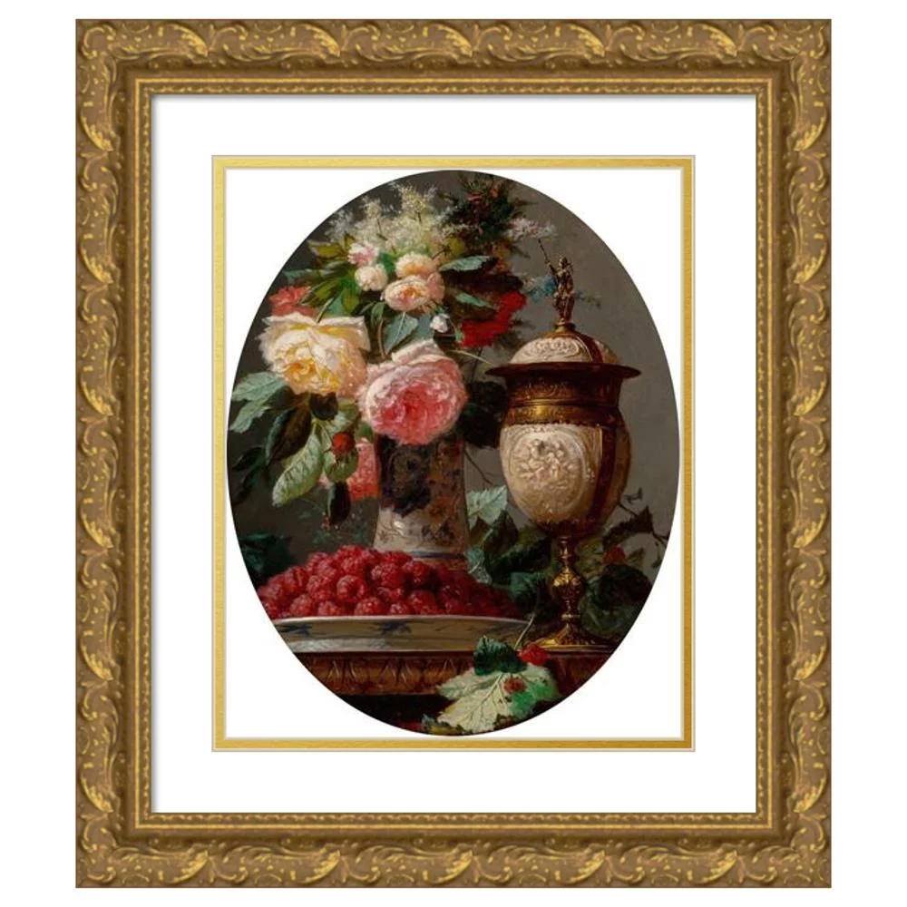 Jean-Baptiste Robie 12x14 Gold Ornate Wood Frame and Double Matted Museum Art Print Titled - Still Life with Roses and a Bowl of Raspberries with a Silver-Gilt Ostrich Egg Cup
