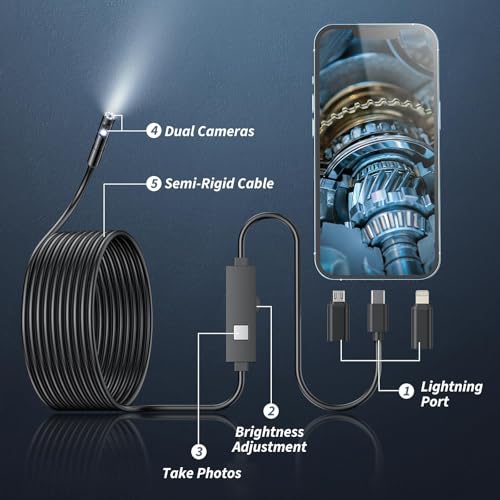 Endoscope Camera with Light,1920P HD Borescope Tools with 8 Adjustable LED Lights, Endoscope with Semi-Rigid Snake Camera, Inspection Borescope for iOS and Android-16.4ft Single Lens