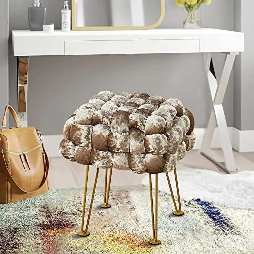 RUNFAYBIU Teal Soft Upholstered Ottoman Entryway Bench Seat 16"x16"x16" Blue Sturdy Accent Coffee Table for Living Room Make Up Vanity Fluffy Shoe Stool with Golden Legs for B