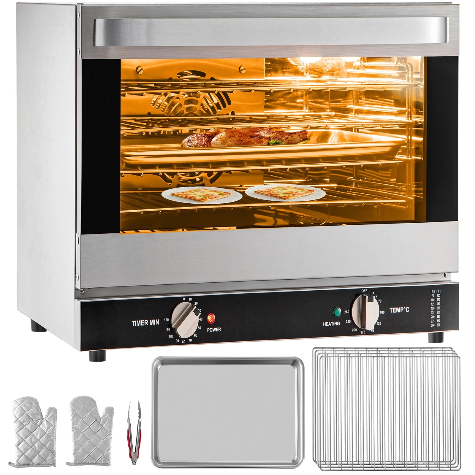SKYSHALO Commercial Convection Oven, 66L/60Qt, Half-Size Conventional Oven Countertop, 1800W 4-Tier Toaster with Front Glass Door, Electric Baking Oven with Trays Wire Racks Clip Gloves, 120V