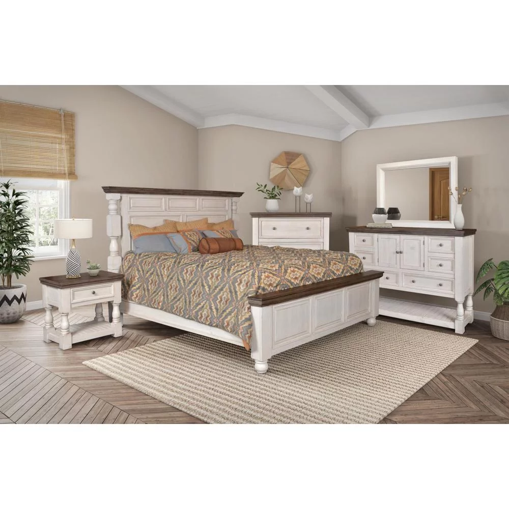 Sunset Trading  Rustic French Bedroom Chest with 4 Storage Drawers & Vertical Dresser, Distressed White & Brown Solid Wood