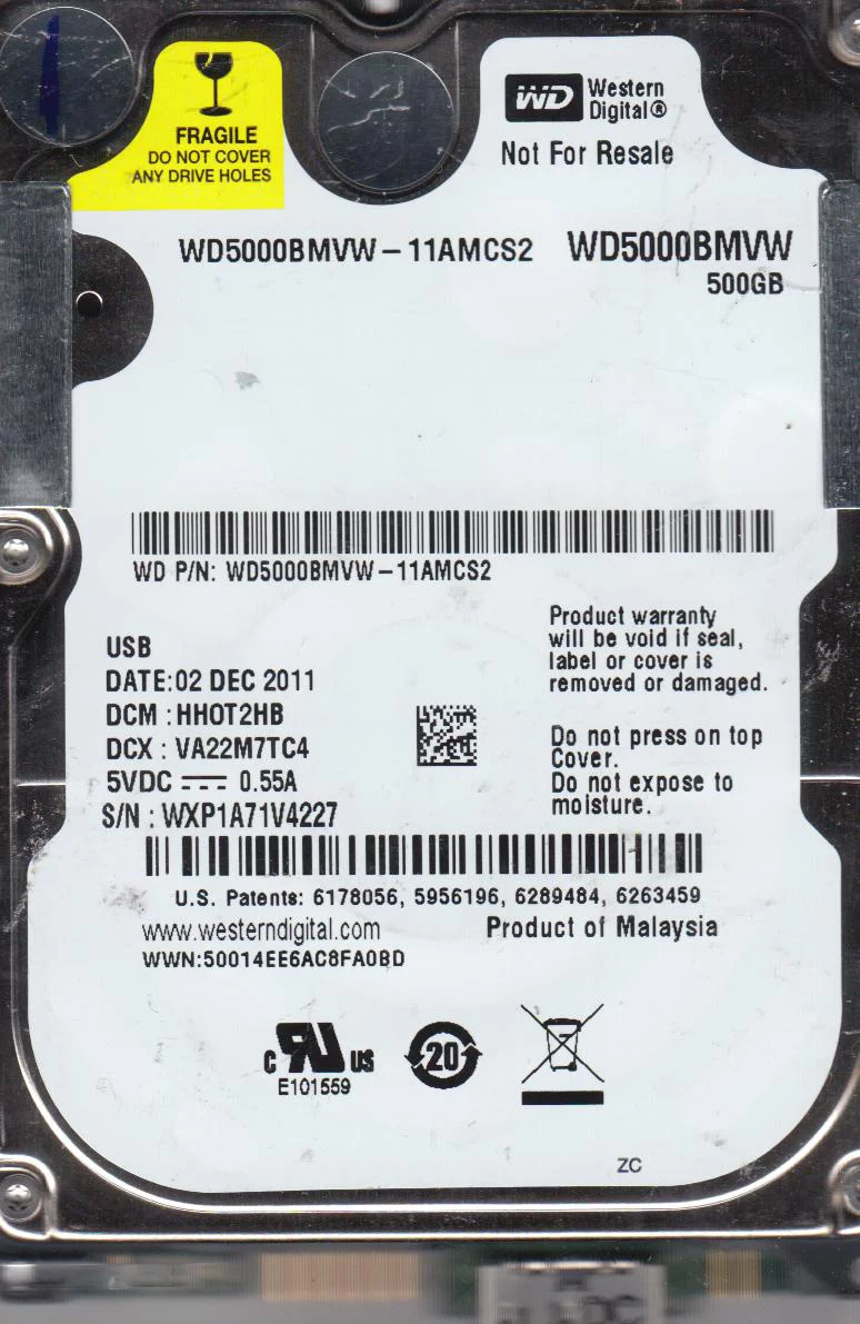 WD5000BMVW-11AMCS2, DCM HHOT2HB, Western Digital 500GB USB 2.5 Hard Drive