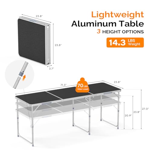 VINGLI 3FT Small Camping Table Adjustable Height Aluminum Folding Table for Picnic Party BBQ, Plastic RV Suitcase Table Portable Lightweight Fold Up Utility Outdoor Tables with Carrying Handle …