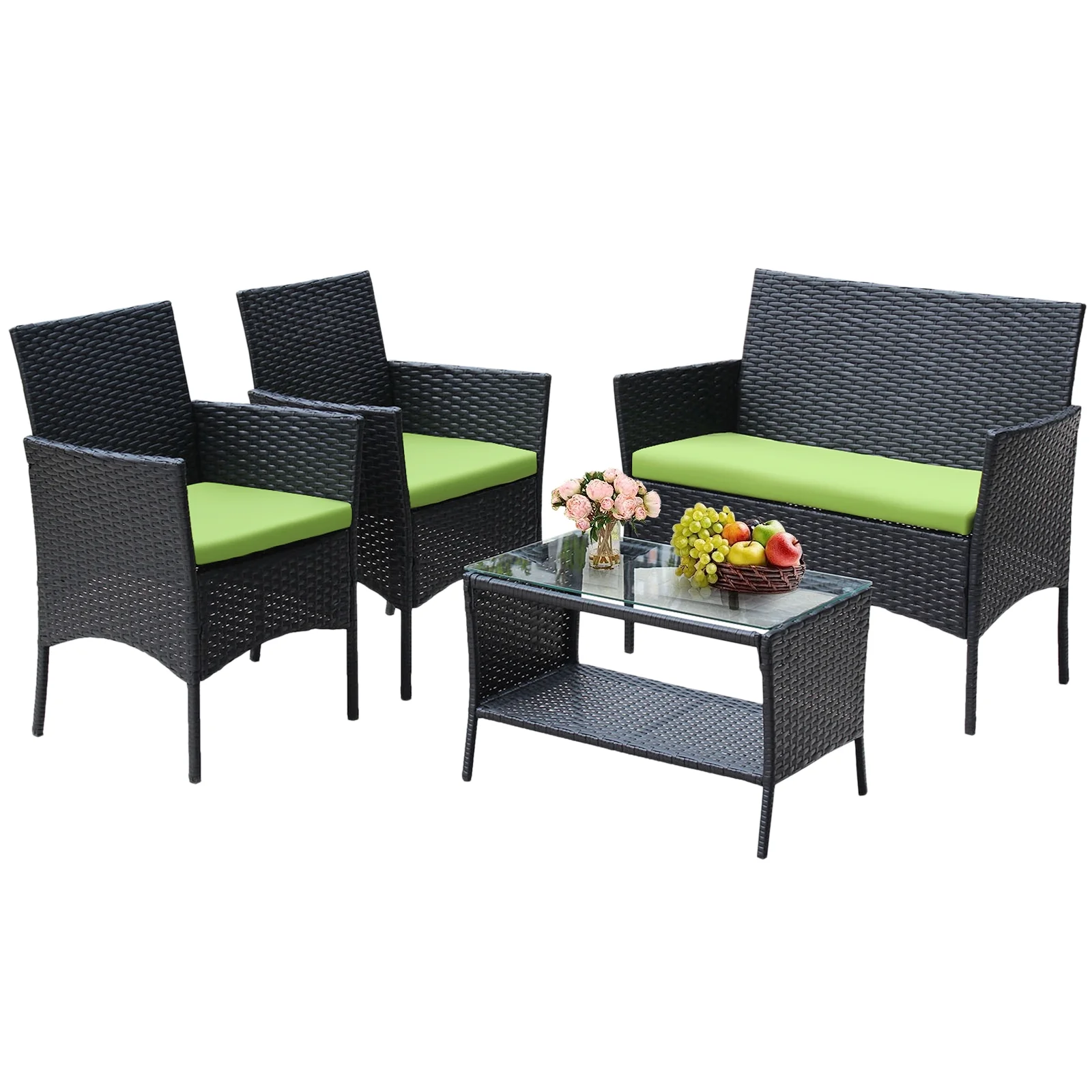New Outdoor Patio Furniture Set 4pcs, Seizeen All-Weather PE Rattan Conversation Set w/2-Tier table, Loveseat Cushioned Outdoor Furniture Sofa for Yard, Porch, Garden, Deck, Green Cushions