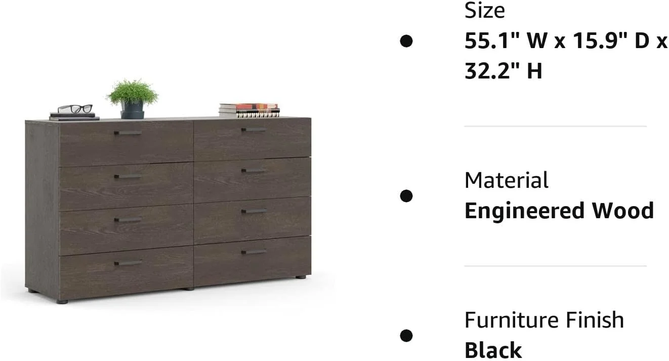 Contemporary 8 Drawer Double Bedroom Dresser In Dark Chocolate