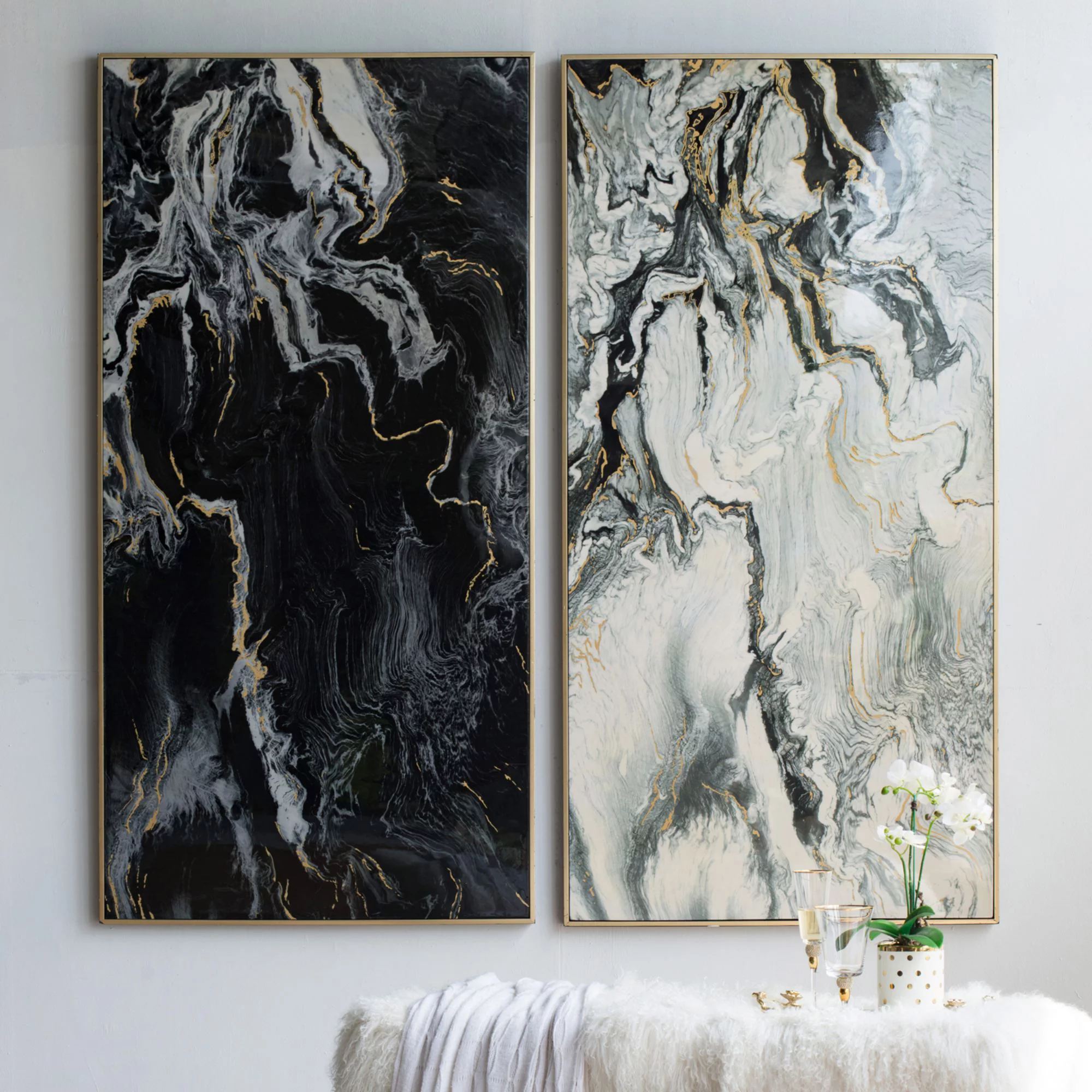 CC Home Furnishings Set of 2 Black and White Contemporary Marbled Print Wall Art with Gold Frame