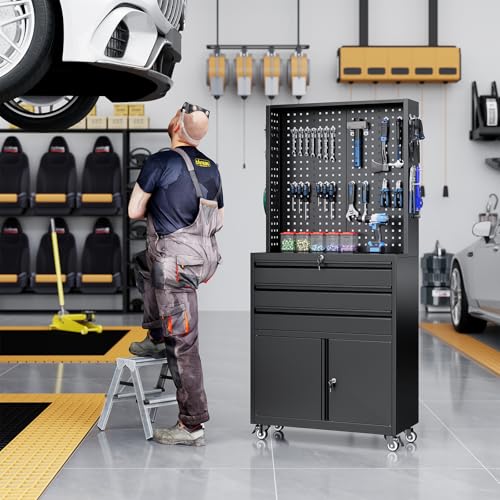 Yizosh Metal Garage Storage Cabinet with Wheels,3-Drawer Rolling Tool Cabinet with 2 Door and Adjustable Shelves,- 71