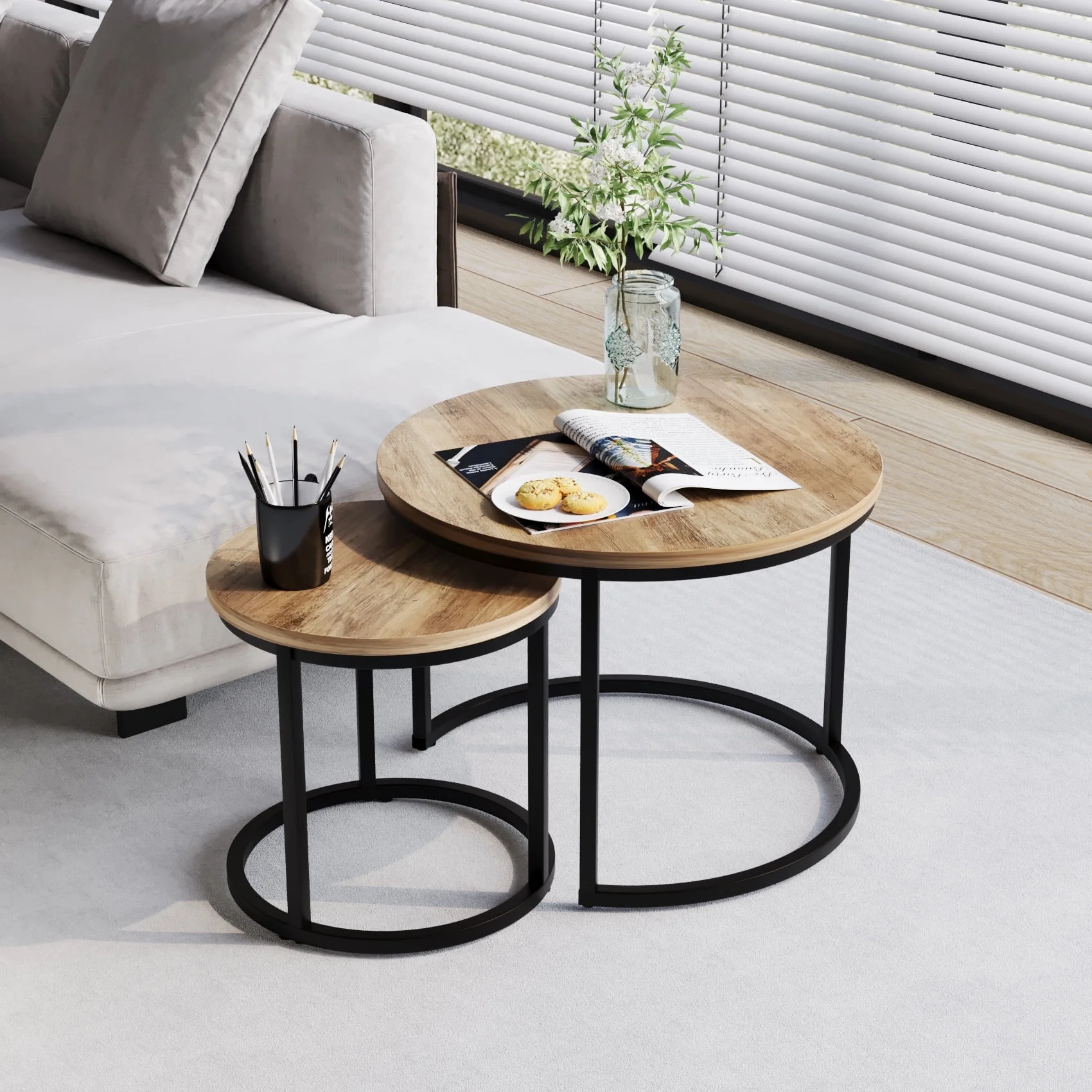 Semiocthome Modern Round Nesting Coffee Table Set,End Table Metal Frame for Living Room,23.6